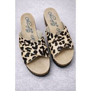 Leopard Pony Hair Sandals Womens 8.5 Criss Cross Slip On Boho